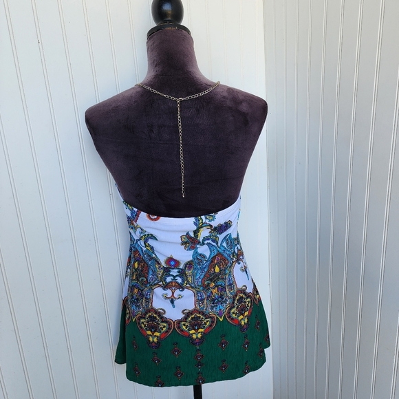 Silvers ute Halter  Jeweled Top Blouse Sleeveless Green White Paisley Chain Sz L - Picture 9 of 14